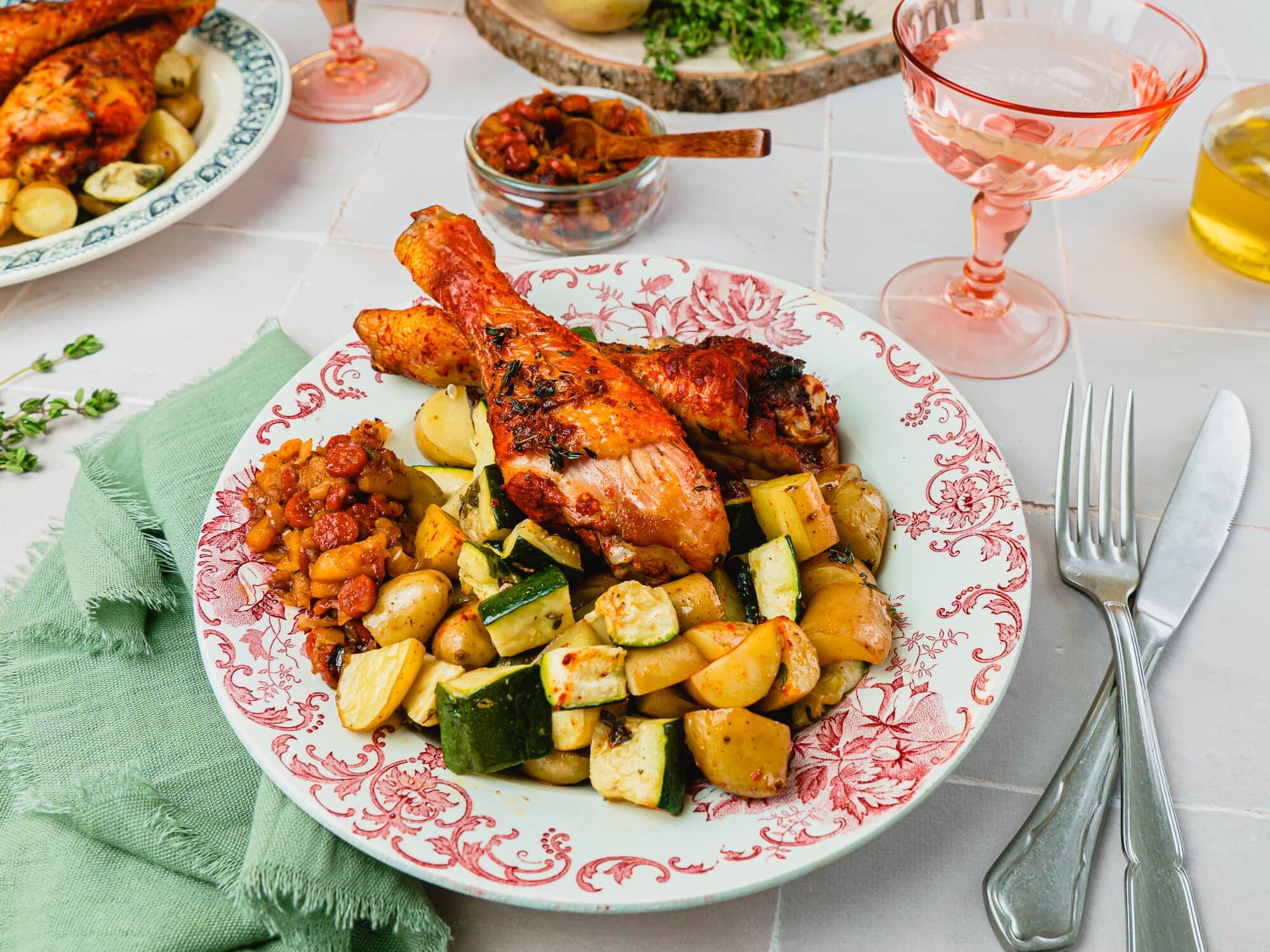 Poulet rôti au paprika, grenailles et chutney de chorizo