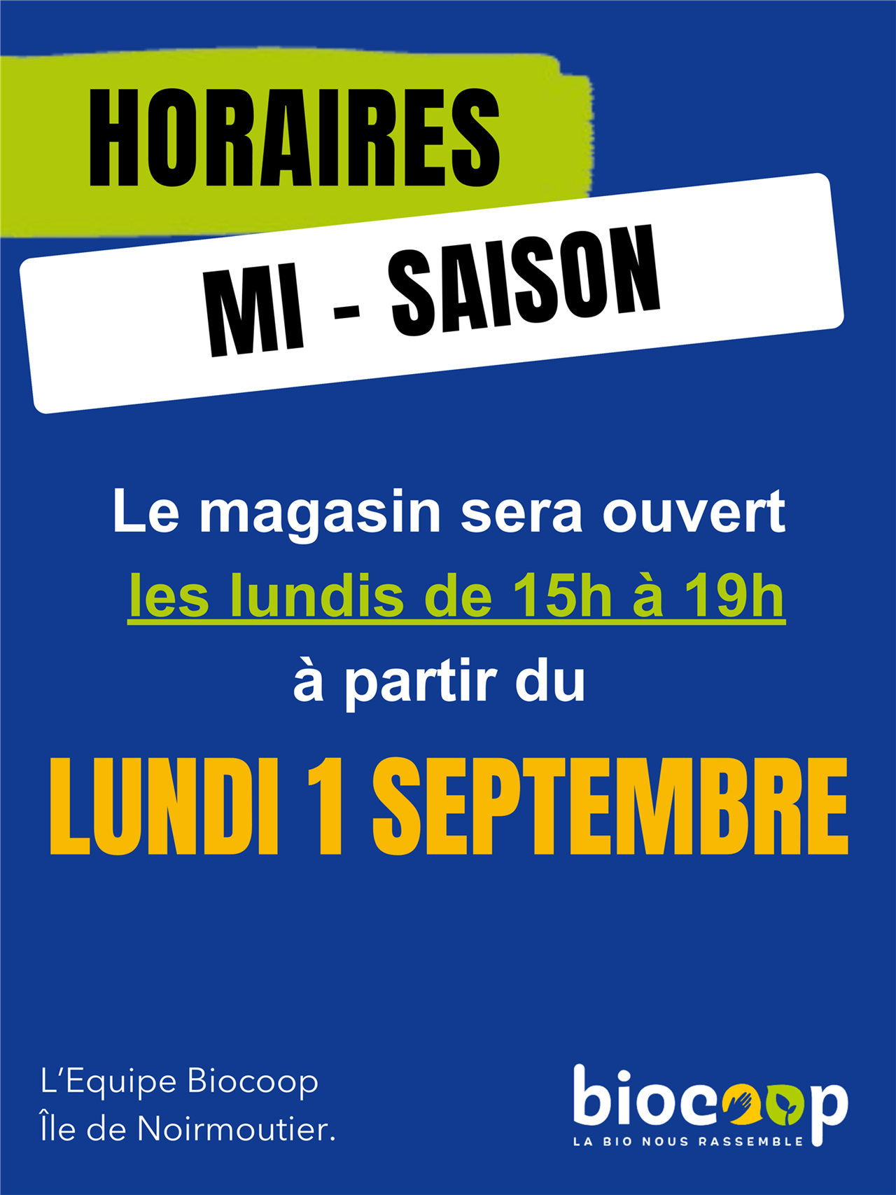 Horaire de mi saison à compter du lundi 1er septembre 2025 !
